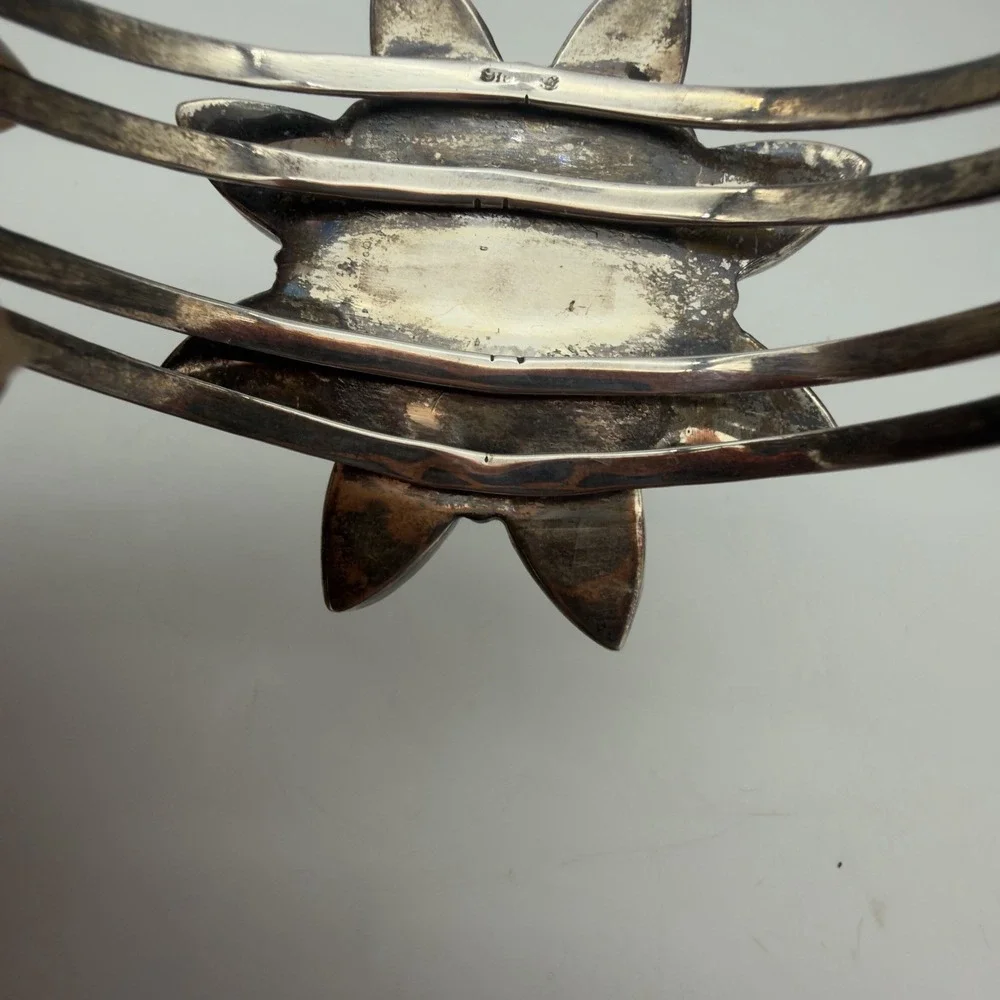 Vtg Sterling Silver Multi Stone Inlay Large Flower Cuff Bracelet One of a Kind
